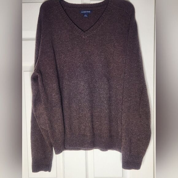 Lands'End L 42/44 Brown Lslv Knitted Merino Wool Blend V-neck Men's Sweater - Picture 2 of 8